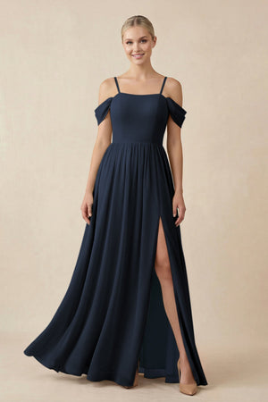 Off - the - Shoulder Sweetheart A - Line Chiffon Bridesmaid Dress in Dark Navy - SHE IS ME Bridesmaid Dresses