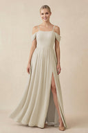 Off - the - Shoulder Sweetheart A - Line Chiffon Bridesmaid Dress in Dove Gray - SHE IS ME Bridesmaid Dresses