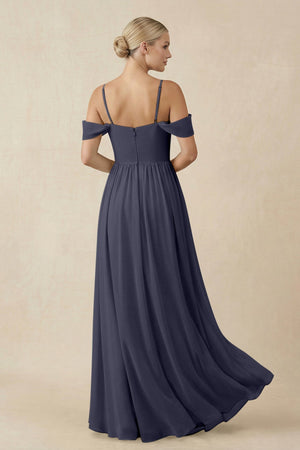 Off - the - Shoulder Sweetheart A - Line Chiffon Bridesmaid Dress in Dusk Blue - SHE IS ME Bridesmaid Dresses