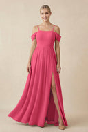 Off - the - Shoulder Sweetheart A - Line Chiffon Bridesmaid Dress in Fuchsia - SHE IS ME Bridesmaid Dresses