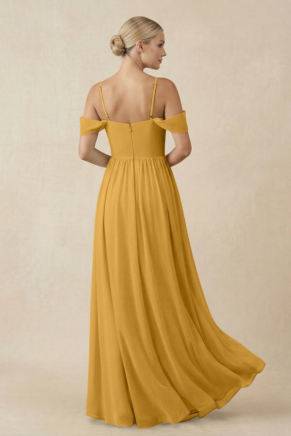 Off - the - Shoulder Sweetheart A - Line Chiffon Bridesmaid Dress in Marigold - SHE IS ME Bridesmaid Dresses