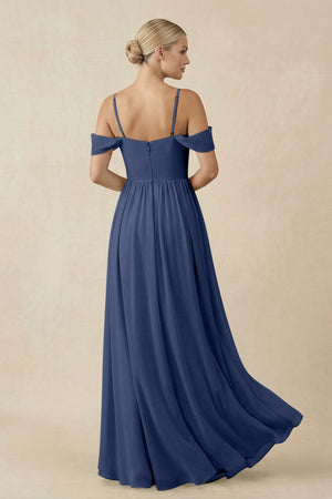 Off - the - Shoulder Sweetheart A - Line Chiffon Bridesmaid Dress in Navy - SHE IS ME Bridesmaid Dresses