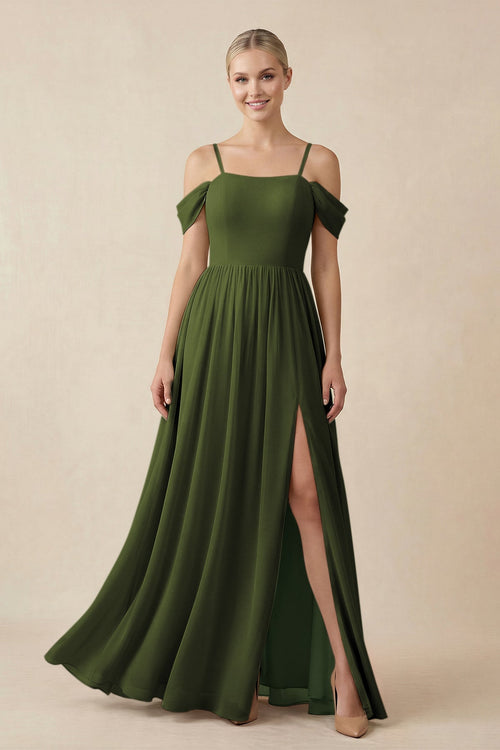 Off - the - Shoulder Sweetheart A - Line Chiffon Bridesmaid Dress in Olive - SHE IS ME Bridesmaid Dresses