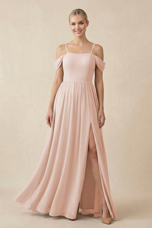 Off - the - Shoulder Sweetheart A - Line Chiffon Bridesmaid Dress in Pale Blush - SHE IS ME Bridesmaid Dresses