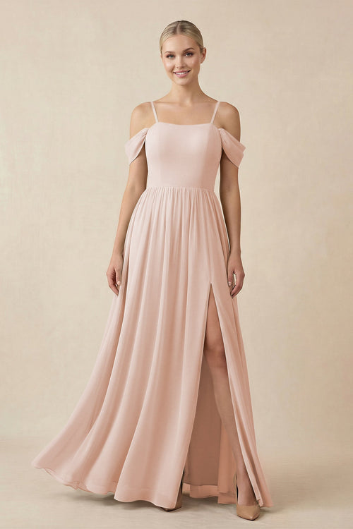Off - the - Shoulder Sweetheart A - Line Chiffon Bridesmaid Dress in Pale Blush - SHE IS ME Bridesmaid Dresses