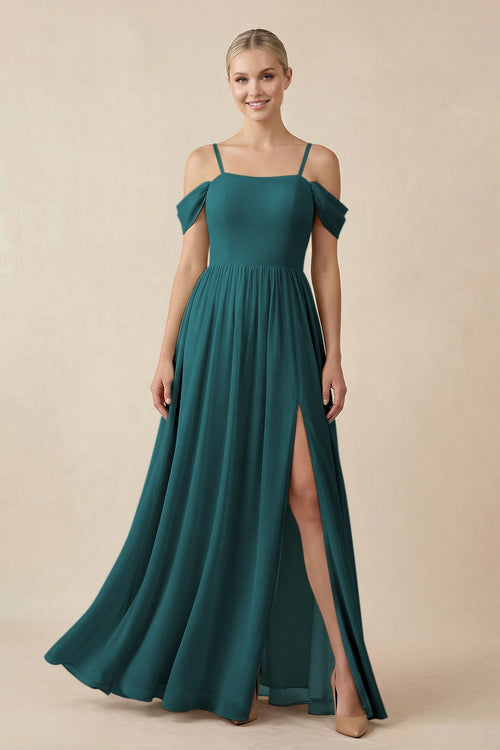 Off - the - Shoulder Sweetheart A - Line Chiffon Bridesmaid Dress in Pine - SHE IS ME Bridesmaid Dresses