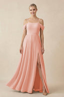 Off - the - Shoulder Sweetheart A - Line Chiffon Bridesmaid Dress in Rose Petal - SHE IS ME Bridesmaid Dresses