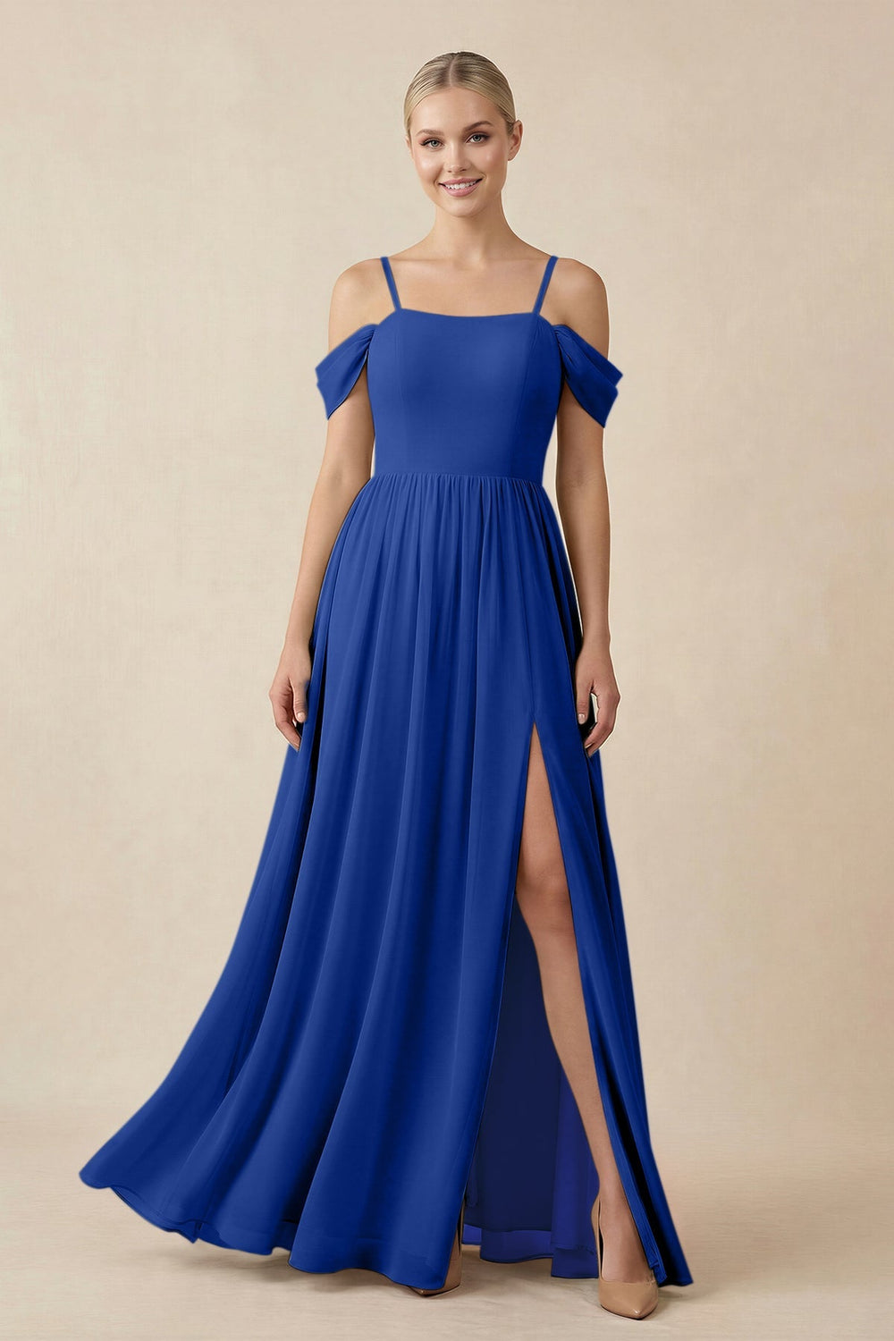 Off - the - Shoulder Sweetheart A - Line Chiffon Bridesmaid Dress in Royal Blue - SHE IS ME Bridesmaid Dresses