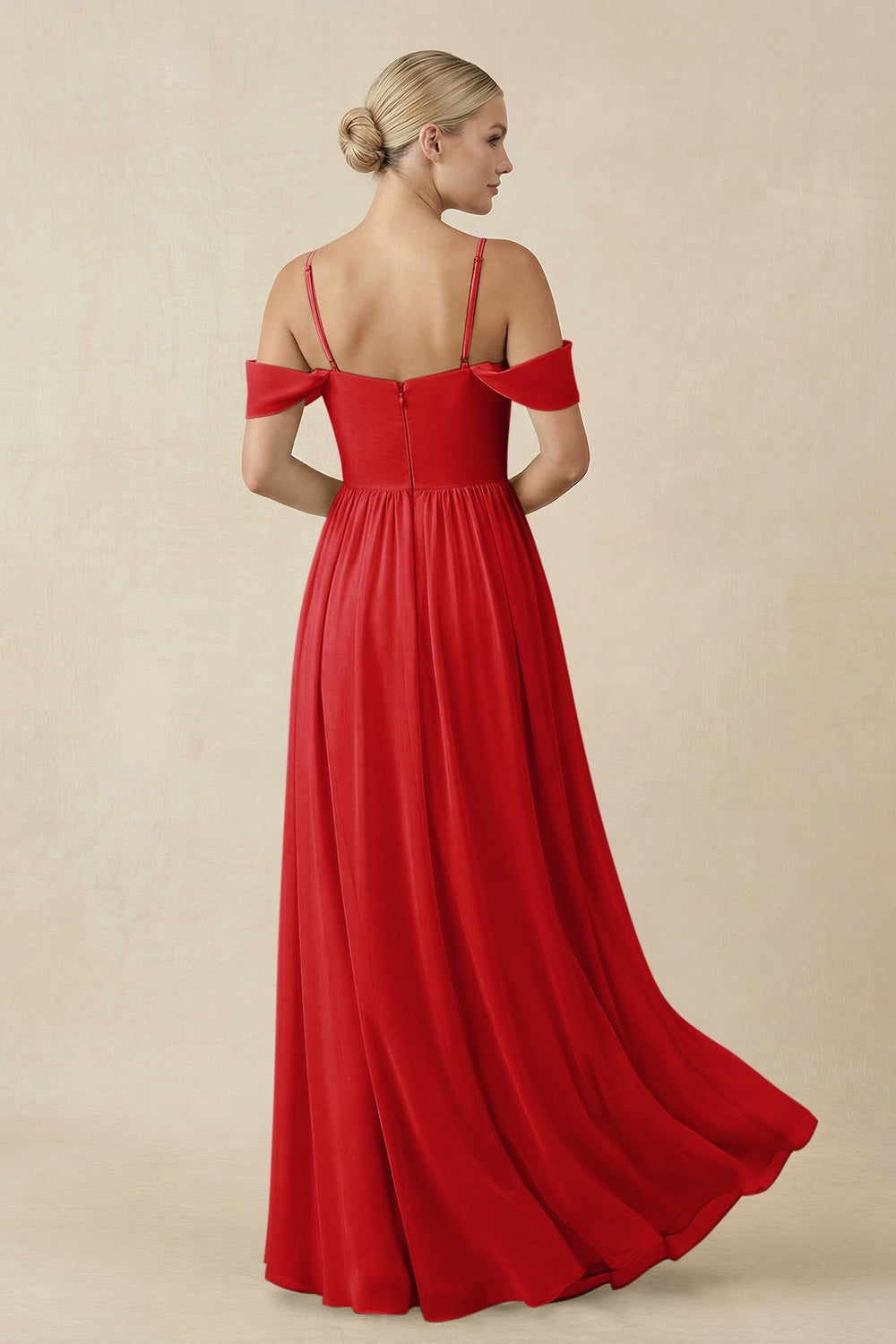 Off - the - Shoulder Sweetheart A - Line Chiffon Bridesmaid Dress in Ruby Red - SHE IS ME Bridesmaid Dresses