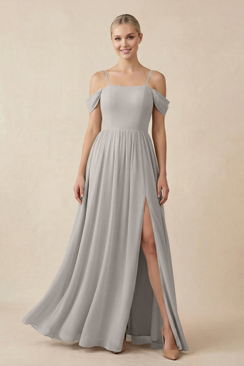 Off - the - Shoulder Sweetheart A - Line Chiffon Bridesmaid Dress in Silver - SHE IS ME Bridesmaid Dresses