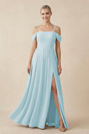 Off - the - Shoulder Sweetheart A - Line Chiffon Bridesmaid Dress in Sky Blue - SHE IS ME Bridesmaid Dresses