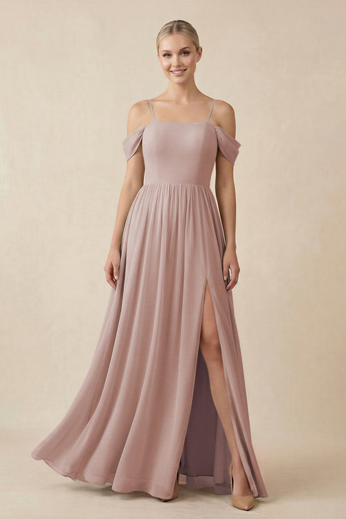 Off - the - Shoulder Sweetheart A - Line Chiffon Bridesmaid Dress in Toffee - SHE IS ME Bridesmaid Dresses