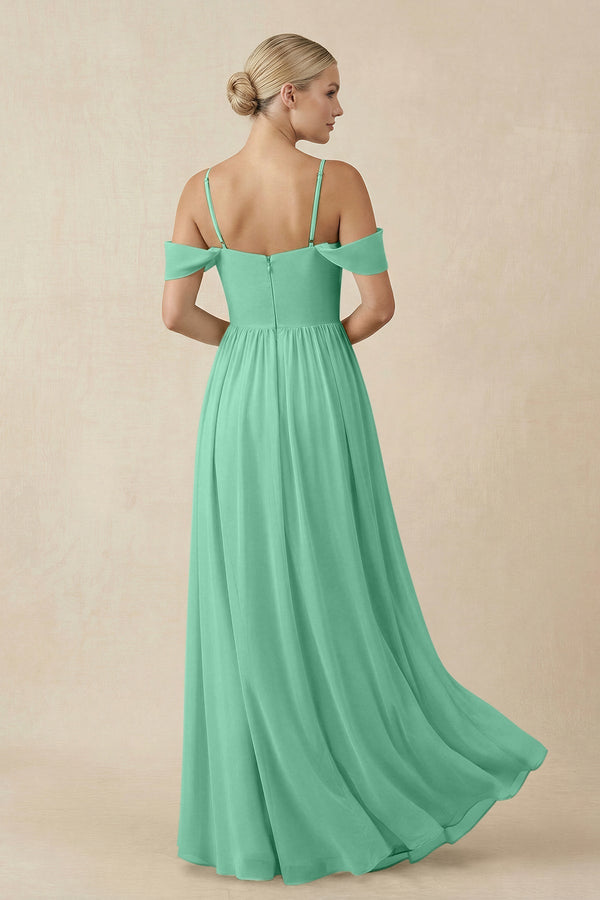 Off - the - Shoulder Sweetheart A - Line Chiffon Bridesmaid Dress in Turquoise - SHE IS ME Bridesmaid Dresses
