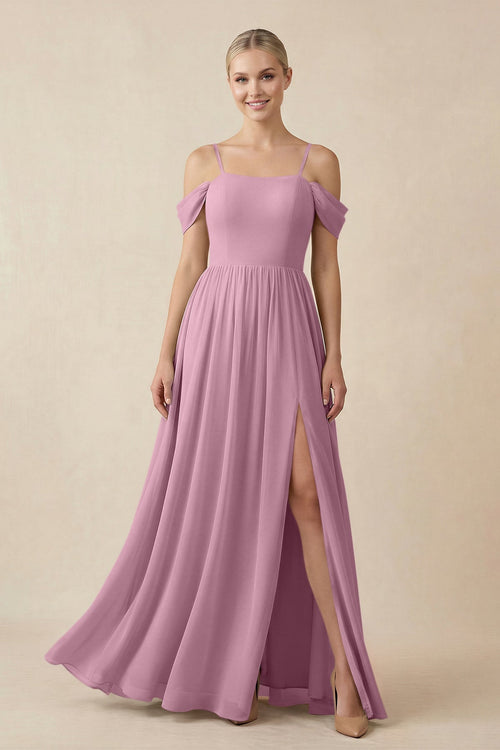 Off - the - Shoulder Sweetheart A - Line Chiffon Bridesmaid Dress in Vintage Mauve - SHE IS ME Bridesmaid Dresses