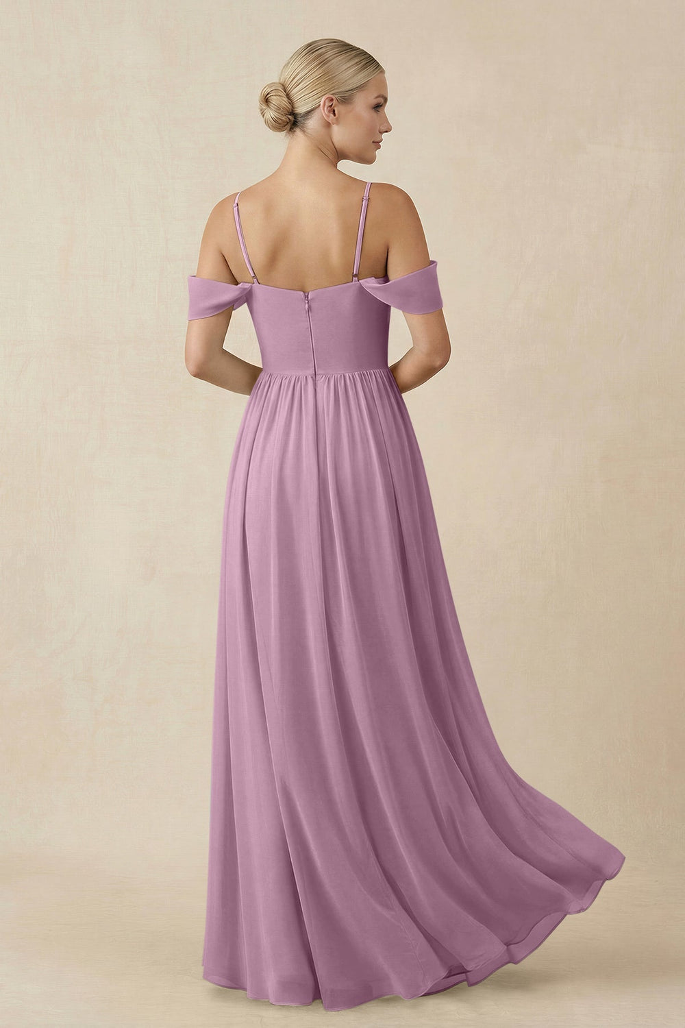 Off - the - Shoulder Sweetheart A - Line Chiffon Bridesmaid Dress in Wisteria - SHE IS ME Bridesmaid Dresses