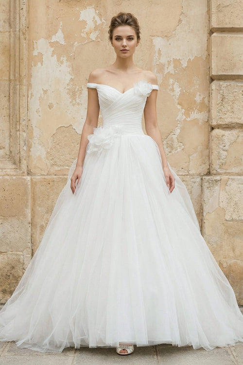 Off The Shoulder Tulle Ball Gown With Floral in White - SHE IS ME Wedding Dresses