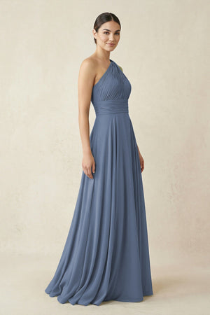 One - Shoulder A - Line Pleated Chiffon Bridesmaid Dress in Neptune - SHE IS ME Bridesmaid Dresses