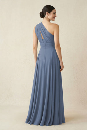 One - Shoulder A - Line Pleated Chiffon Bridesmaid Dress in Neptune - SHE IS ME Bridesmaid Dresses