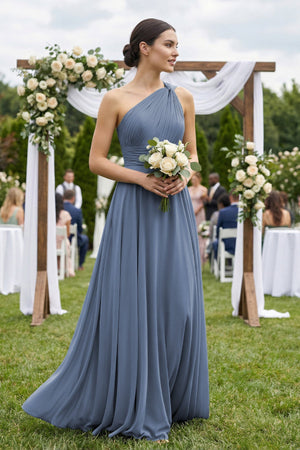 One - Shoulder A - Line Pleated Chiffon Bridesmaid Dress in Neptune - SHE IS ME Bridesmaid Dresses