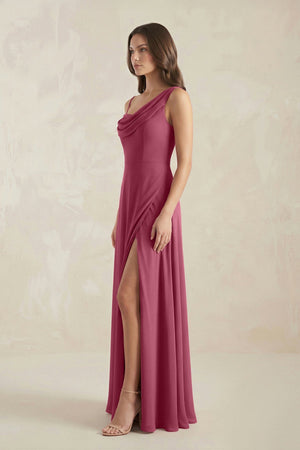 One - Shoulder Chiffon A - Line Bridesmaid Dress in Desert Rose - SHE IS ME Bridesmaid Dresses