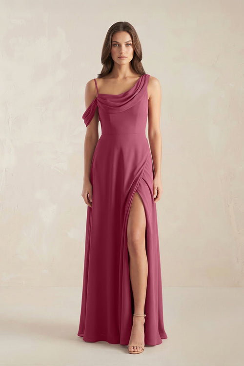One - Shoulder Chiffon A - Line Bridesmaid Dress in Desert Rose - SHE IS ME Bridesmaid Dresses