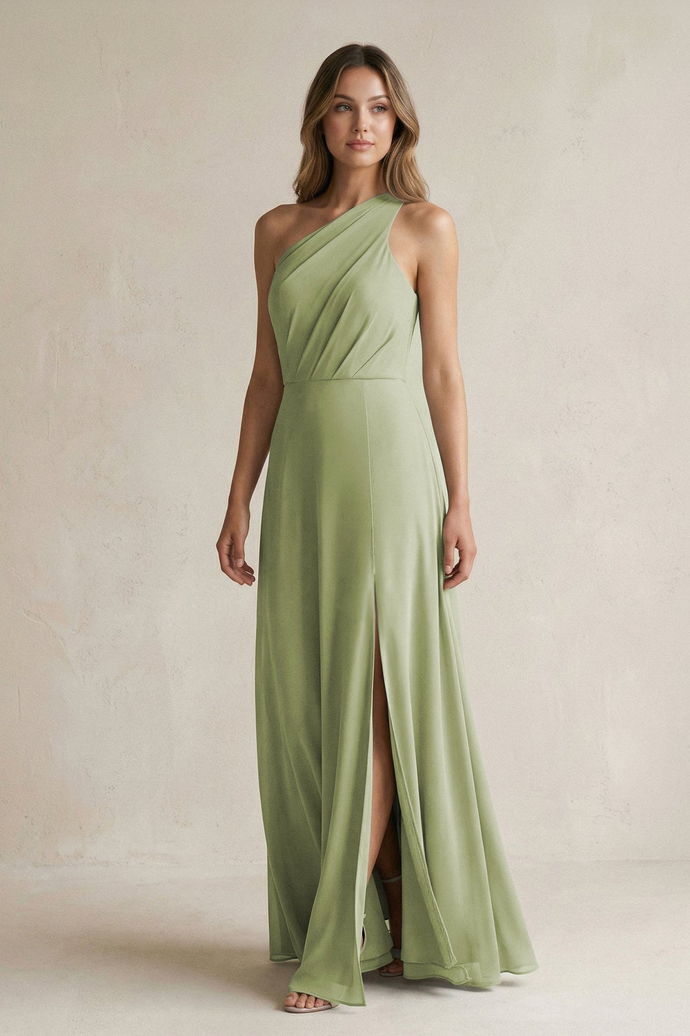 One-Shoulder Chiffon A-Line Bridesmaid Dress With Slit in Moss Green - SHE IS ME BRIDESMAID DRESSES