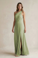 One-Shoulder Chiffon A-Line Bridesmaid Dress With Slit in Moss Green - SHE IS ME BRIDESMAID DRESSES