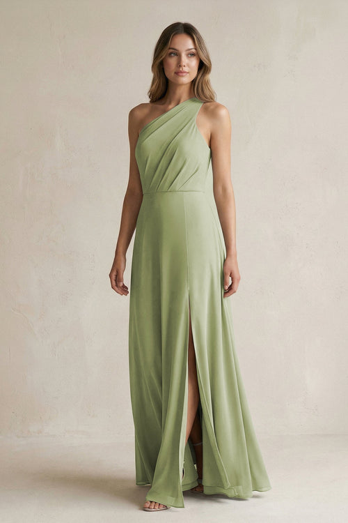 One-Shoulder Chiffon A-Line Bridesmaid Dress With Slit in Moss Green - SHE IS ME BRIDESMAID DRESSES