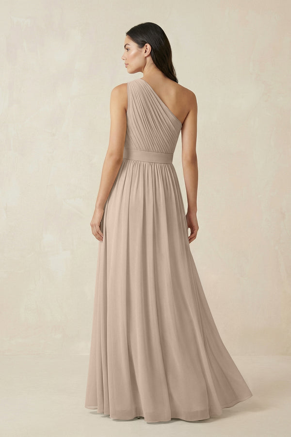 One - Shoulder Pleated Chiffon Bridesmaid Gown in Almond - SHE IS ME Bridesmaid Dresses