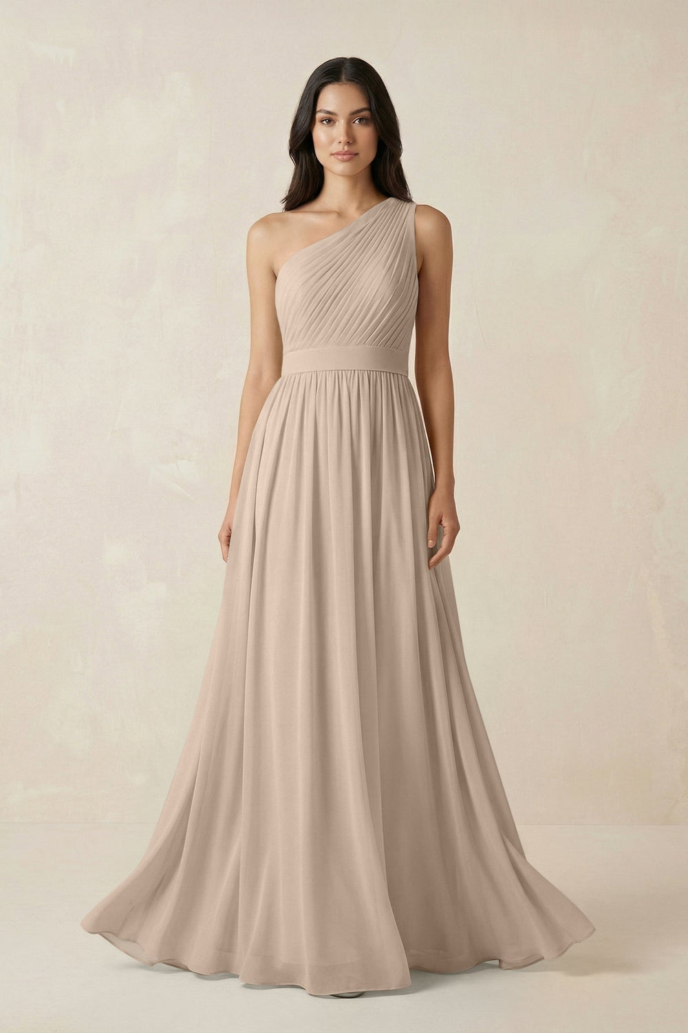 One - Shoulder Pleated Chiffon Bridesmaid Gown in Almond - SHE IS ME Bridesmaid Dresses