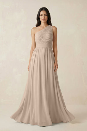 One - Shoulder Pleated Chiffon Bridesmaid Gown in Almond - SHE IS ME Bridesmaid Dresses