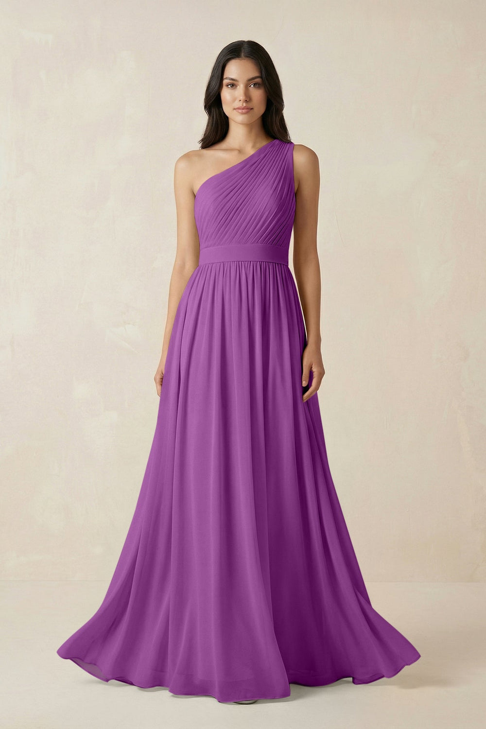 One - Shoulder Pleated Chiffon Bridesmaid Gown in Amethyst - SHE IS ME Bridesmaid Dresses