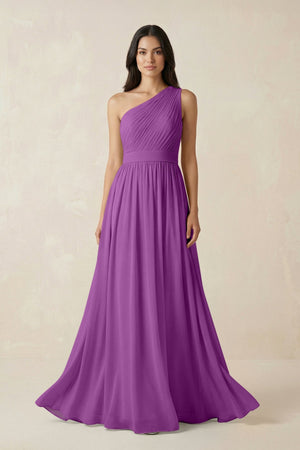 One - Shoulder Pleated Chiffon Bridesmaid Gown in Amethyst - SHE IS ME Bridesmaid Dresses