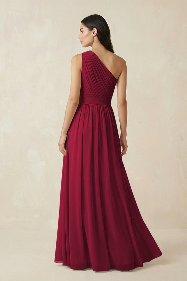 One - Shoulder Pleated Chiffon Bridesmaid Gown in Berry - SHE IS ME Bridesmaid Dresses
