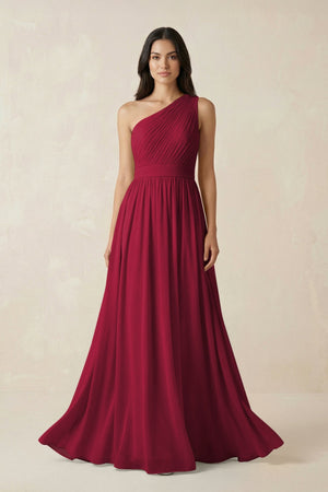 One - Shoulder Pleated Chiffon Bridesmaid Gown in Berry - SHE IS ME Bridesmaid Dresses