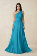 One - Shoulder Pleated Chiffon Bridesmaid Gown in Blue Jay - SHE IS ME Bridesmaid Dresses