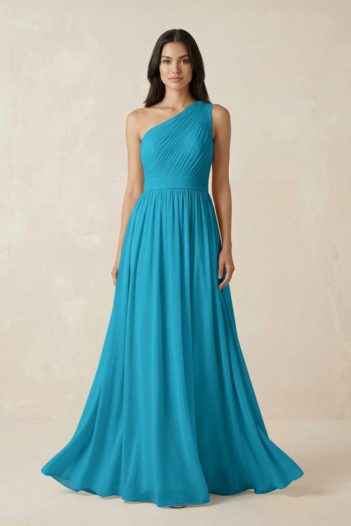 One - Shoulder Pleated Chiffon Bridesmaid Gown in Blue Jay - SHE IS ME Bridesmaid Dresses