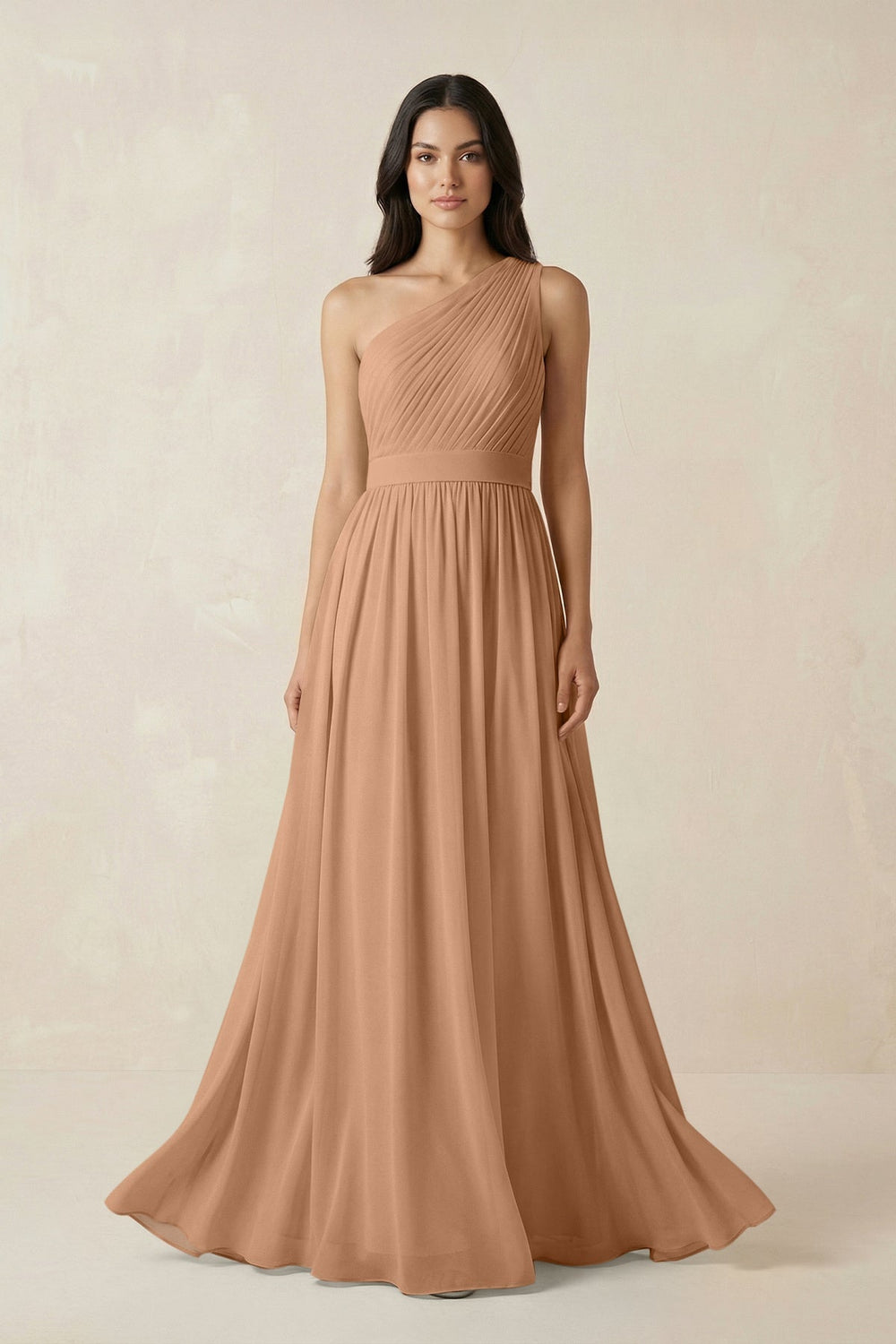 One - Shoulder Pleated Chiffon Bridesmaid Gown in Bronzer - SHE IS ME Bridesmaid Dresses