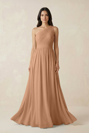 One - Shoulder Pleated Chiffon Bridesmaid Gown in Bronzer - SHE IS ME Bridesmaid Dresses