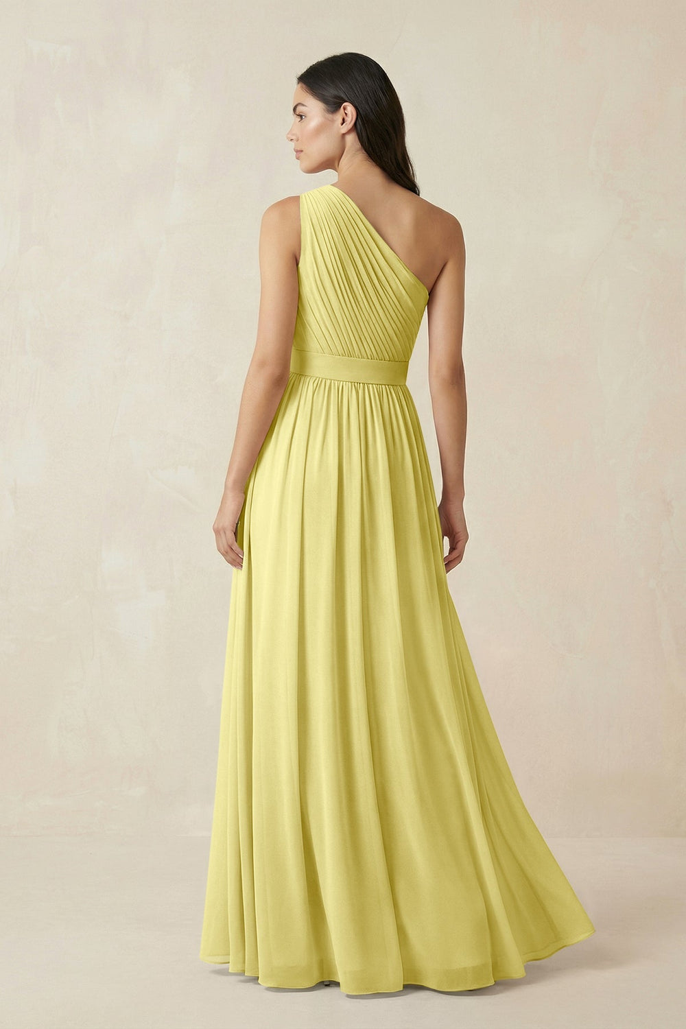 One - Shoulder Pleated Chiffon Bridesmaid Gown in Buttercup - SHE IS ME Bridesmaid Dresses