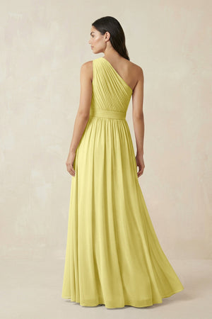 One - Shoulder Pleated Chiffon Bridesmaid Gown in Buttercup - SHE IS ME Bridesmaid Dresses