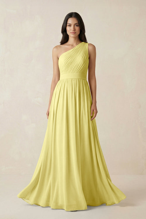 One - Shoulder Pleated Chiffon Bridesmaid Gown in Buttercup - SHE IS ME Bridesmaid Dresses