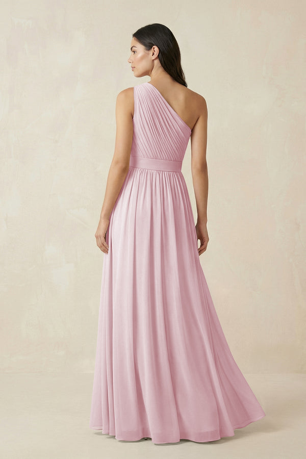 One - Shoulder Pleated Chiffon Bridesmaid Gown in Candy Pink - SHE IS ME Bridesmaid Dresses