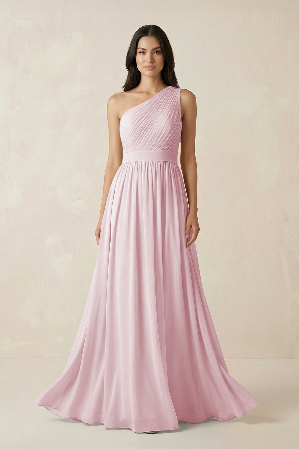 One - Shoulder Pleated Chiffon Bridesmaid Gown in Candy Pink - SHE IS ME Bridesmaid Dresses