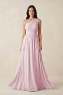 One - Shoulder Pleated Chiffon Bridesmaid Gown in Candy Pink - SHE IS ME Bridesmaid Dresses