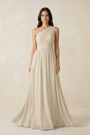 One - Shoulder Pleated Chiffon Bridesmaid Gown in Champagne - SHE IS ME Bridesmaid Dresses