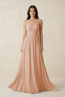 One - Shoulder Pleated Chiffon Bridesmaid Gown in Champagne Rose - SHE IS ME Bridesmaid Dresses