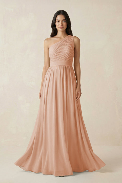 One - Shoulder Pleated Chiffon Bridesmaid Gown in Champagne Rose - SHE IS ME Bridesmaid Dresses