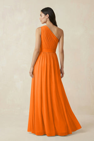 One - Shoulder Pleated Chiffon Bridesmaid Gown in Cinnamon - SHE IS ME Bridesmaid Dresses