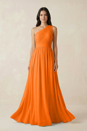 One - Shoulder Pleated Chiffon Bridesmaid Gown in Cinnamon - SHE IS ME Bridesmaid Dresses